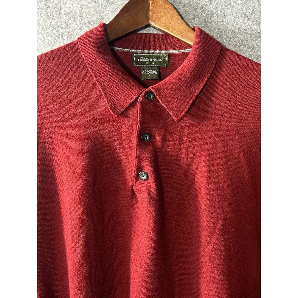 Vintage Eddie Bauer Mens L Red Cashmere Knit Polo Sweater Made in Hong Kong 80s